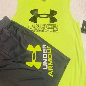 Under Armour Neon Yellow Tank and Gray Shorts Set